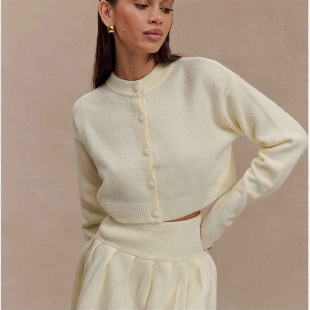 Meshki Shelby Knit Cropped Button Cardigan Sweater in Ivory Marle Size Small